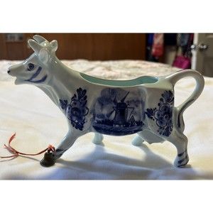 Vintage Porcelain Ceramic Blue Delft Holland Cow Creamer DBL Crown Logo bell